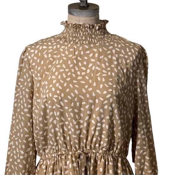 Mainstrip High Neck Ruffled Long Sleeve Beige White Polka Dot Dress Size Large - Picture 2 of 10